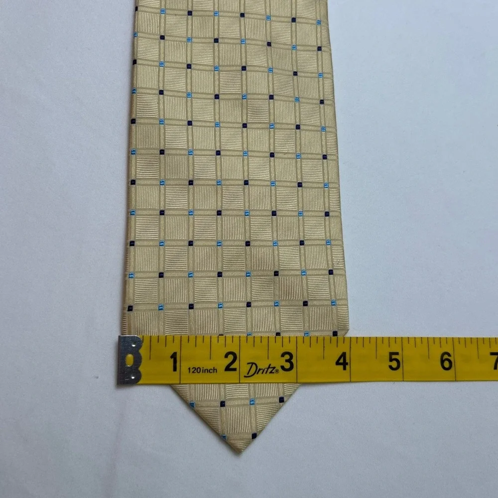 Preswick & Moore Mens Silk Geometric Grid Dobby Necktie OS Gold Navy Blue Formal